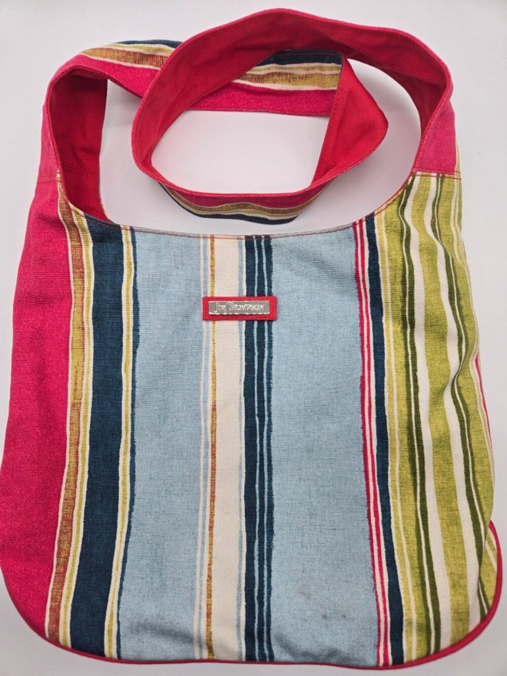 Jim Thompson Striped Canvas Shoulder Tote Coral Blue Denim Bag EUC